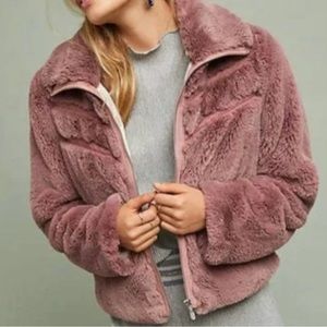 ANTHROPOLOGIE Faux Fur Chevron Bomber Jacket Coat Mauve Pink